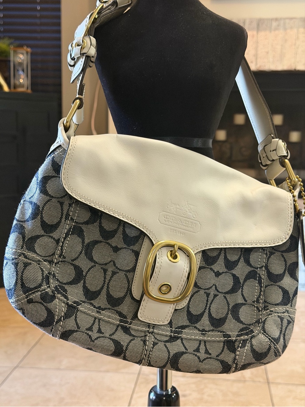 NWOT Coach Bleecker Denim Signature C White Leather Trim Flap Bag Satchel 11772
